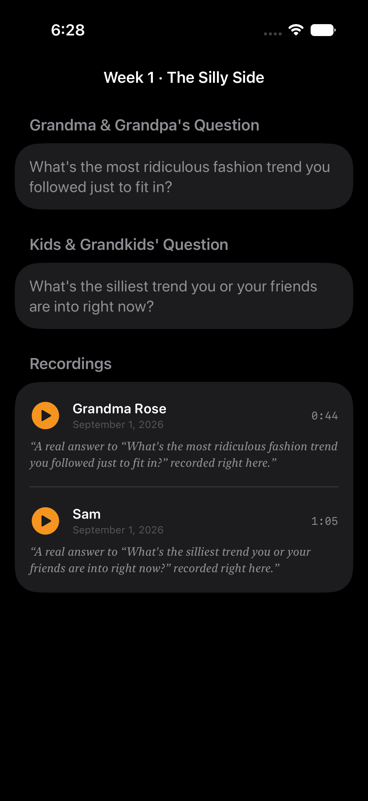 Kinfire Week 1 The Silly Side screen showing both the grandparent's and the kid's own lighthearted question, both answered
