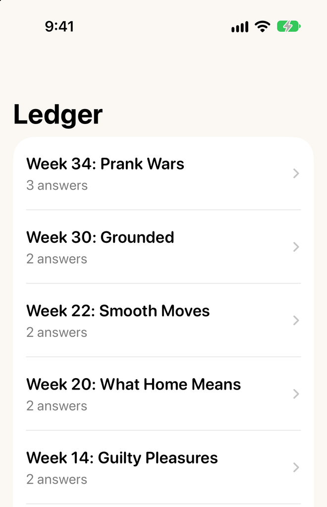 Kinfire Ledger screen listing past weeks
